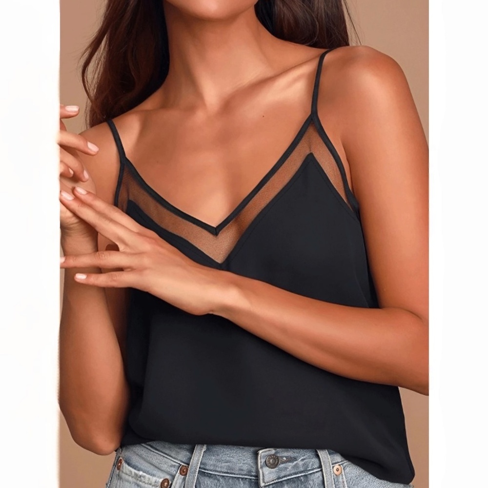 Mesh Insert Black Camisole Top Regular Fit Cami Spaghetti Strap, V neck